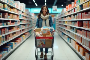 Femme faisant ses courses dans un magasin de jouets Smyths Toys avec un caddie rempli de jeux et jouets colorés