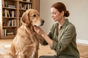 Femme prenant soin de son golden retriever en le brossant dans un salon moderne et chaleureux