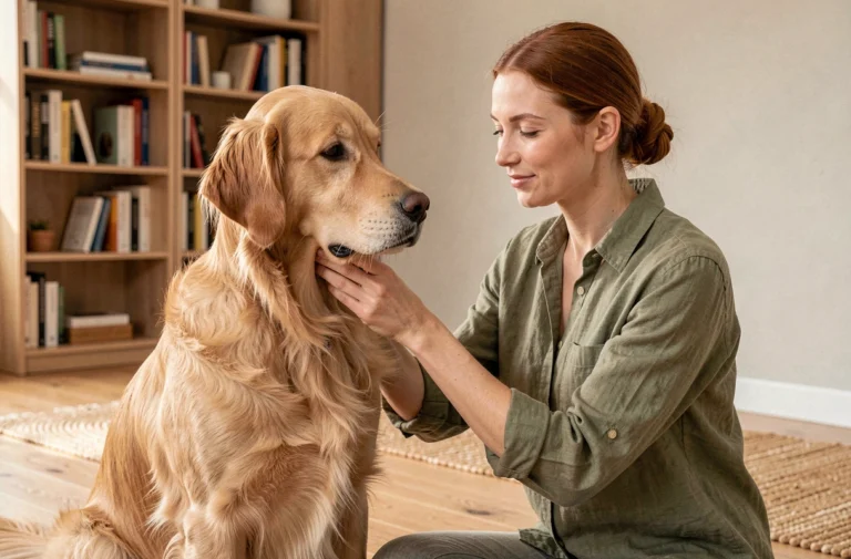 Femme prenant soin de son golden retriever en le brossant dans un salon moderne et chaleureux