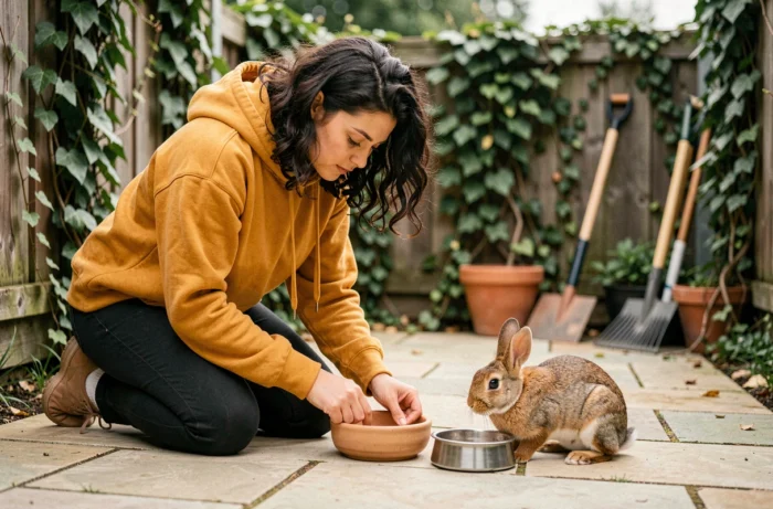 Jeune femme préparant la nourriture et l'eau pour son lapin dans un jardin verdoyant