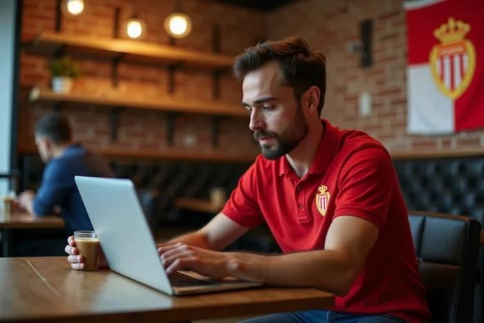 Supporter de l'AS Monaco consultant une communauté de fans en ligne dans un café avec un laptop