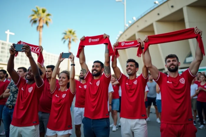 Supporters de l'AS Monaco rassemblés devant le Stade Louis II avant un match avec écharpes et maillots