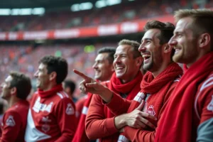 Groupe de supporters de l'AS Monaco en tribune portant écharpes et maillots rouges et blancs lors d'un match