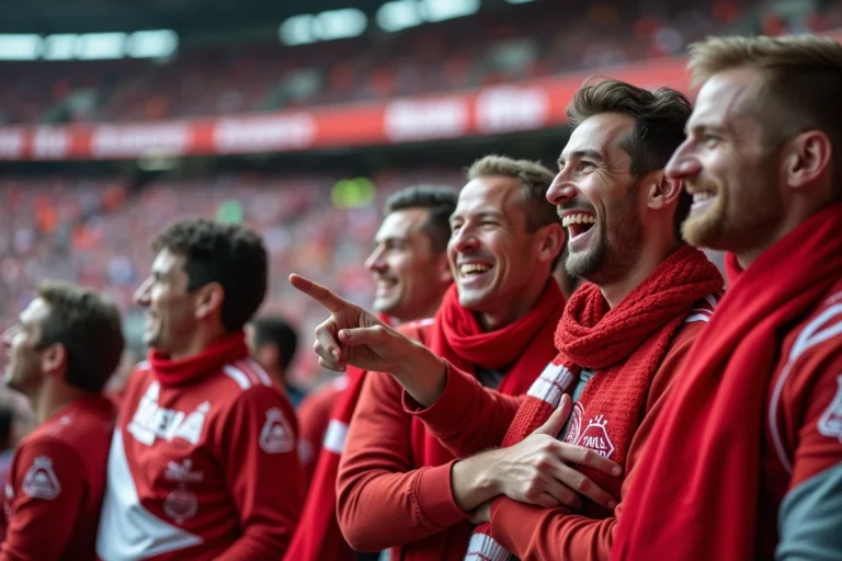 Groupe de supporters de l'AS Monaco en tribune portant écharpes et maillots rouges et blancs lors d'un match