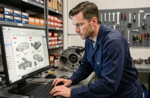 Technicien automobile consultant le logiciel Dialogys Renault pour identifier une pièce détachée dans un atelier