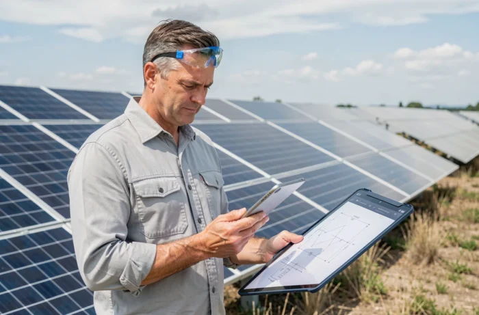 Technicien en énergie solaire consultant un plan devant des panneaux photovoltaïques, métier de l'emploi vert et formation aux énergies renouvelables