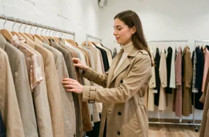 Femme élégante qui découvre les dernières tendances mode dans une boutique minimaliste aux tons neutres