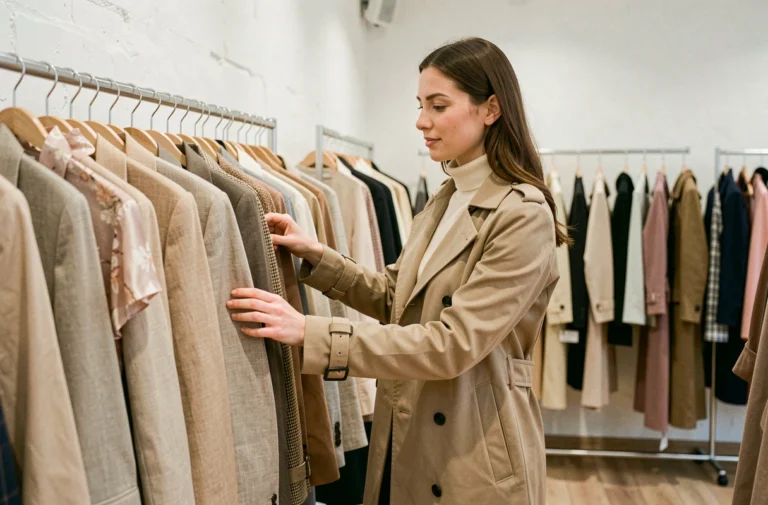 Femme élégante qui découvre les dernières tendances mode dans une boutique minimaliste aux tons neutres