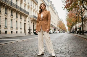Femme élégante portant un blazer camel oversize et un pantalon large crème dans une rue pavée parisienne en automne, tendance mode saison