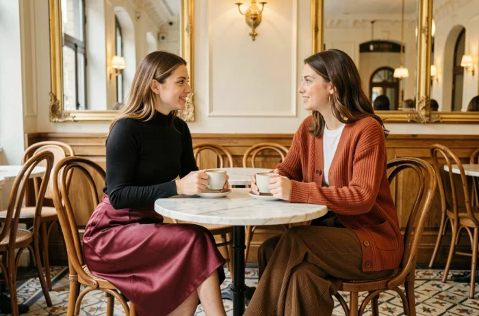 Deux femmes tendance assises dans une brasserie parisienne, portant des tenues mode saison aux matières et couleurs automnales