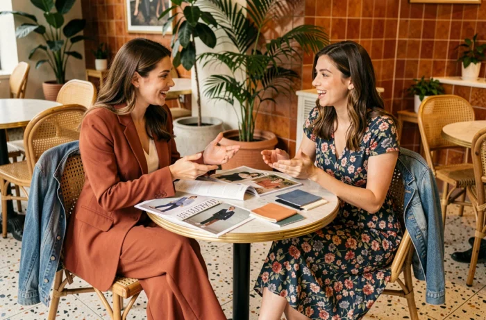 Deux femmes branchées discutent des dernières tendances mode autour de magazines et de nuanciers dans un café tendance