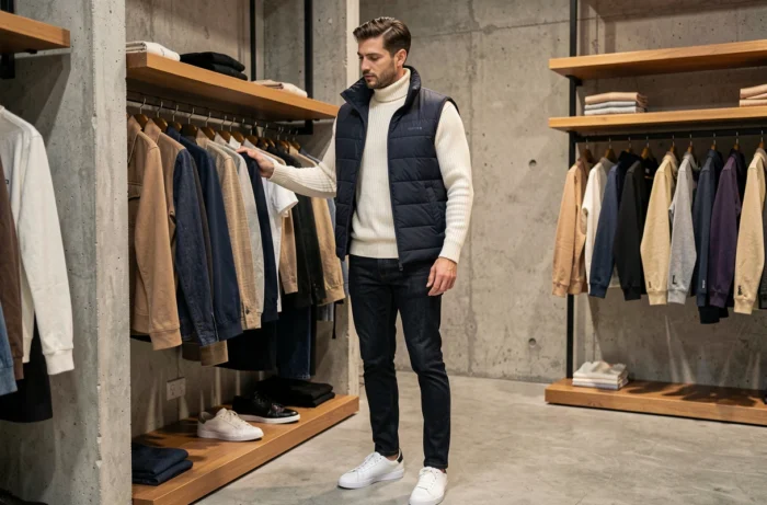 Homme en doudoune marine sans manches et pull col roulé écru dans un concept store contemporain, tendances mode masculine automne-hiver