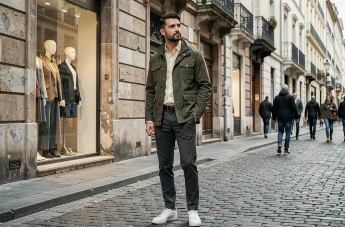Homme stylé en veste utilitaire olive explorant les tendances mode de saison dans une rue pavée européenne