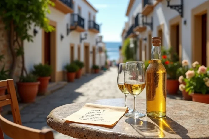 Terrasse de café espagnol avec bouteille de cava et menu des prix de boissons alcoolisées en bord de mer