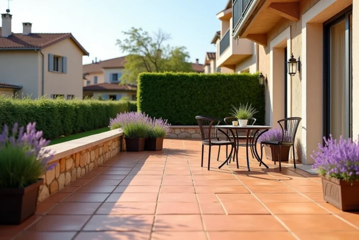 Terrasse résidentielle française en carrelage à déclarer dans la déclaration fiscale des impôts locaux