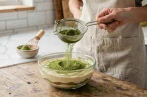 Tiramisu au thé matcha présenté dans un bol en verre avec une main saupoudrant de la poudre de matcha, style cuisine éditoriale