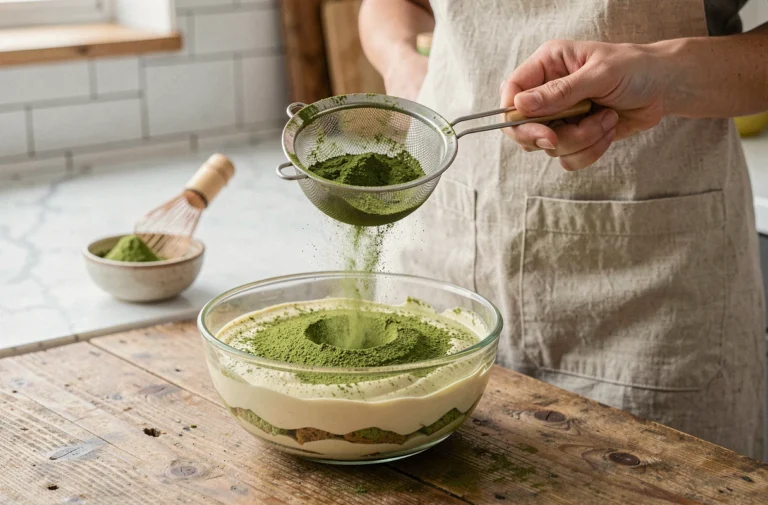 Tiramisu au thé matcha présenté dans un bol en verre avec une main saupoudrant de la poudre de matcha, style cuisine éditoriale