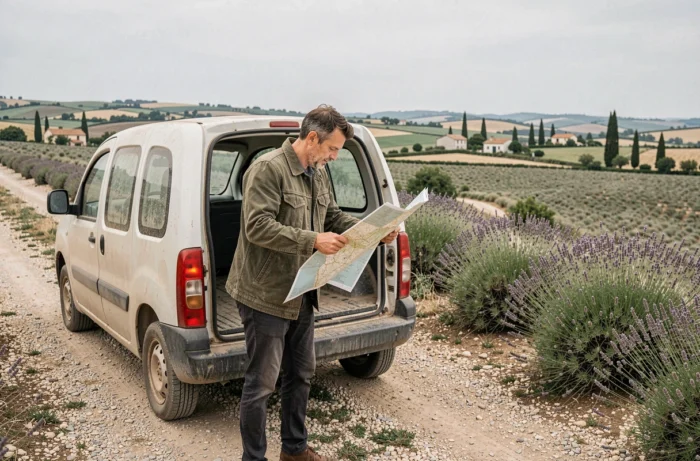 Homme consultant une carte routière papier à l'arrière d'un van aménagé sur une piste de gravier dans le Gers, avec un paysage de collines en arrière-plan