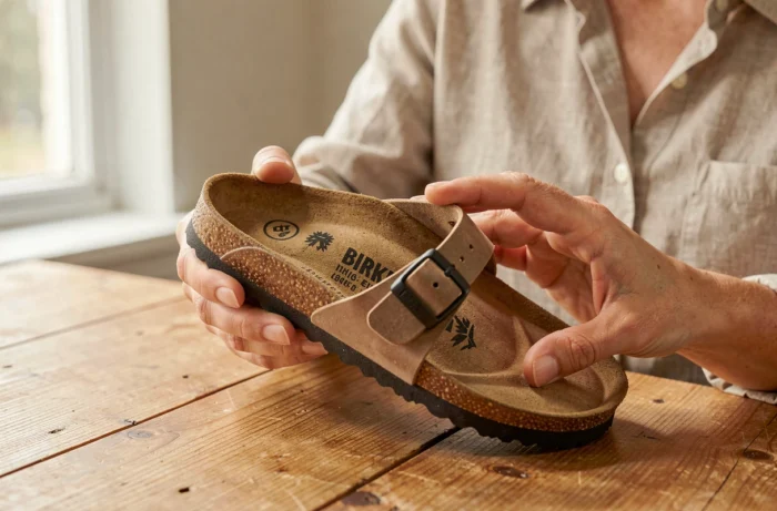 Femme examinant attentivement l'étiquette intérieure et la boucle d'une sandale Birkenstock pour vérifier son authenticité