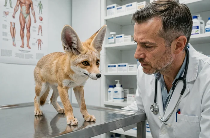 Vétérinaire examinant un fennec sur une table d'auscultation dans une clinique vétérinaire française, étape essentielle avant l'adoption