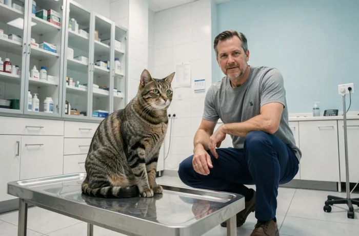 Propriétaire d'un chat roux rayé lors d'une visite de contrôle dans une clinique vétérinaire moderne