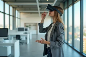 Femme portant un casque VR dans une agence immobilière moderne pour une visite virtuelle interactive