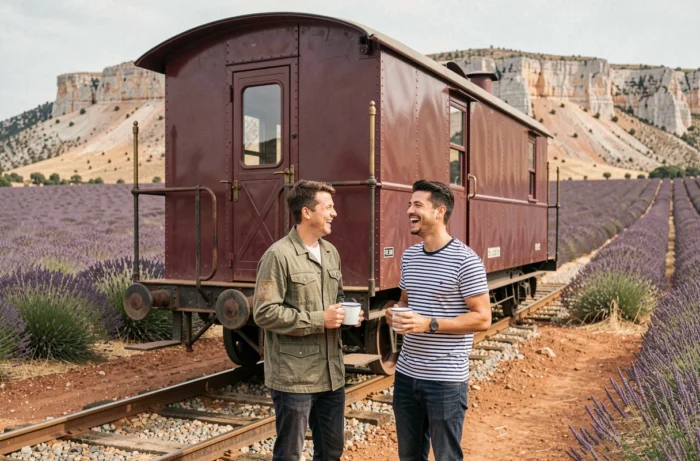 Deux jeunes voyageurs devant un wagon de train reconverti en hébergement insolite en Provence