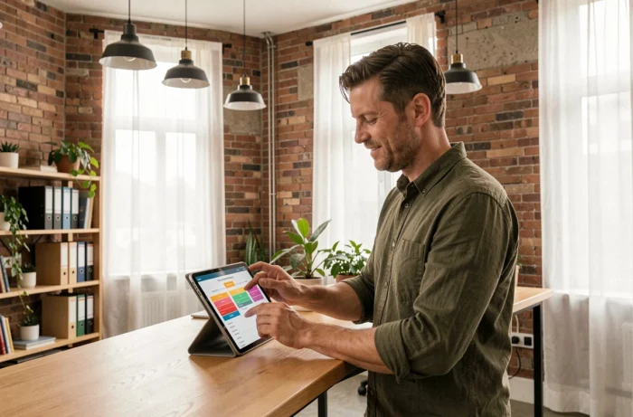 Professionnel masculin consultant des workflows sur tablette dans un espace de coworking tendance